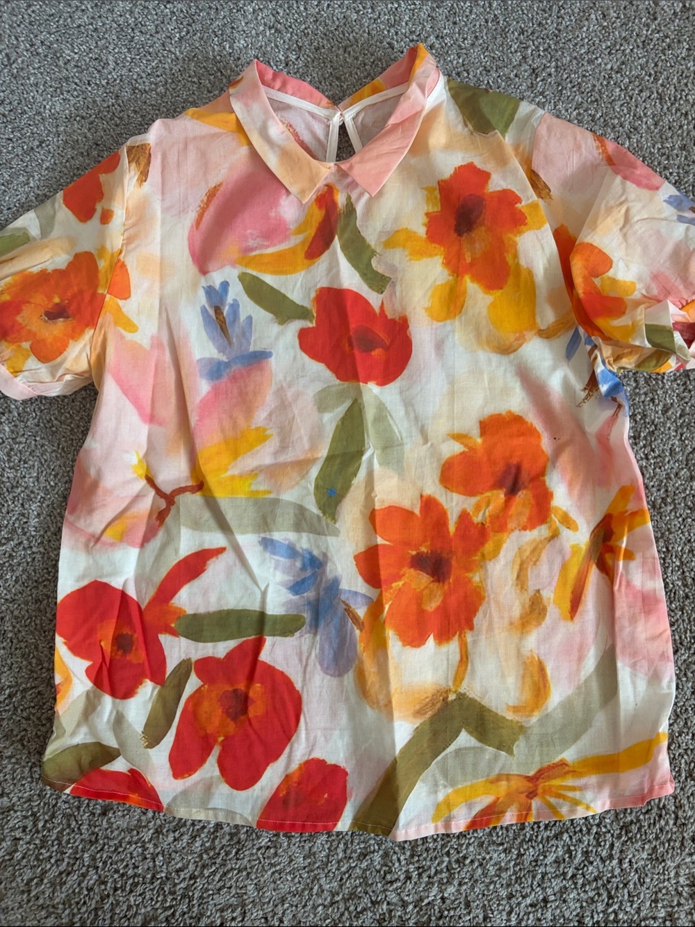Floral Watercolor Button-Back Blouse in White, Orange & Red